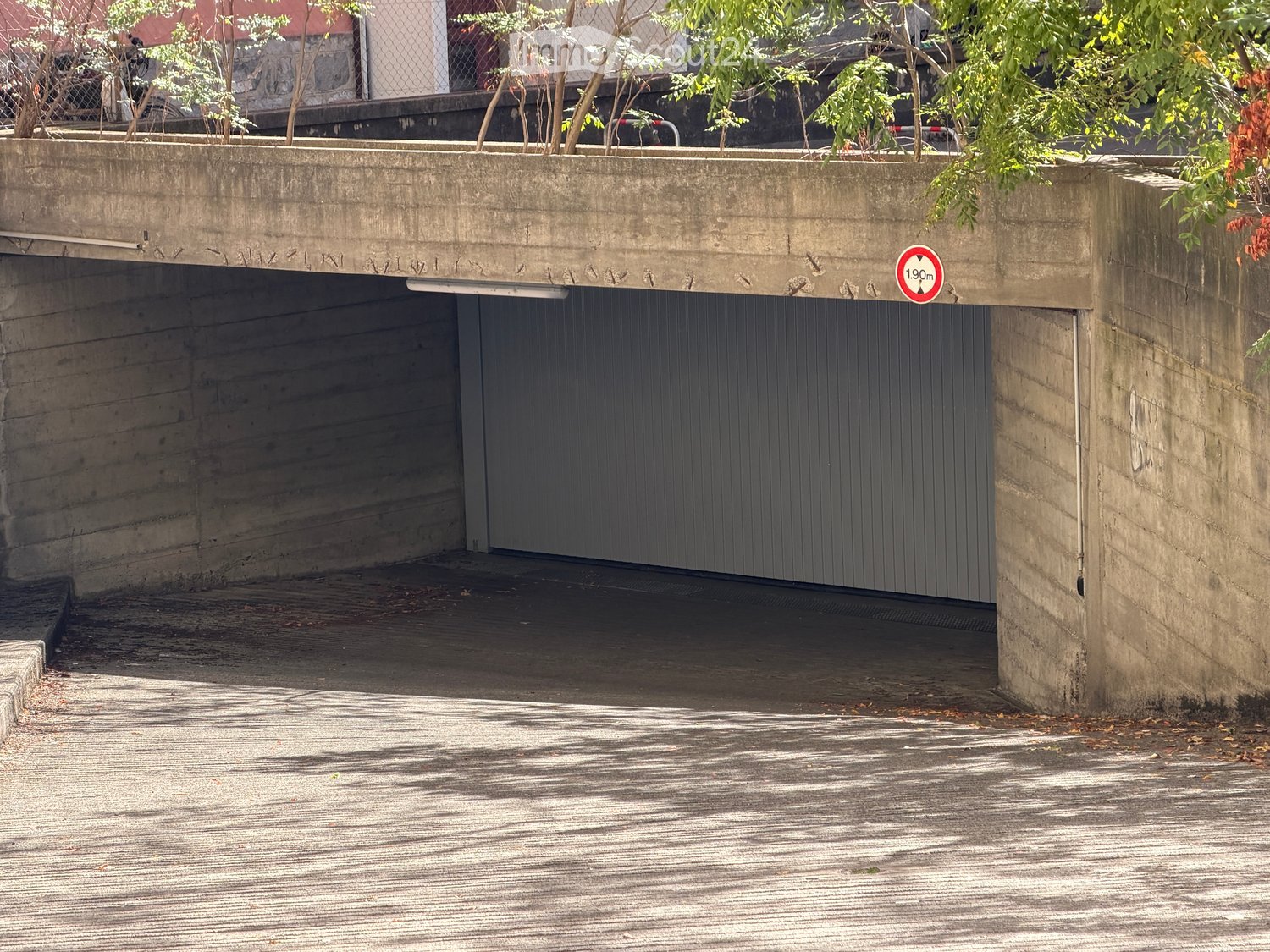 A concrete garage entrance with a closed metal door, surrounded by greenery and a concrete walkway.