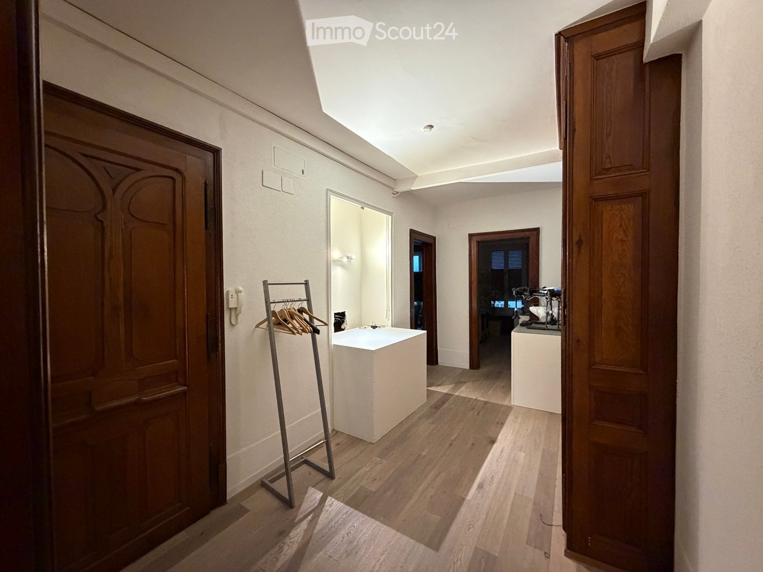 Bright hallway with wooden flooring, white walls, and several doors leading to different rooms. Features include a coat rack with hangers, a small white table, and a mirror on the wall.