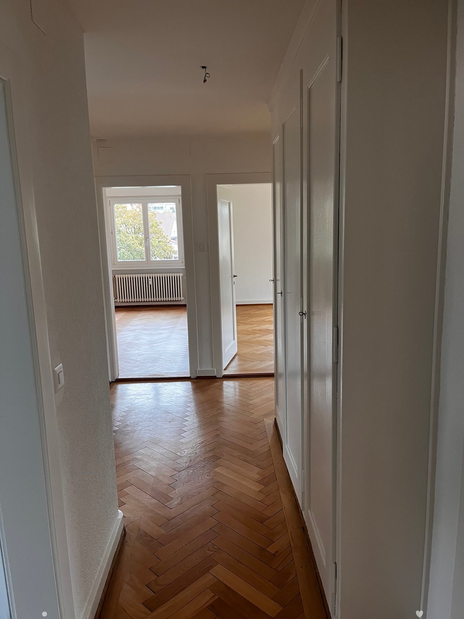 A narrow hallway with herringbone-patterned wooden flooring, white walls, and several doors leading to other rooms. Natural light streams in from a window at the end of the hallway.