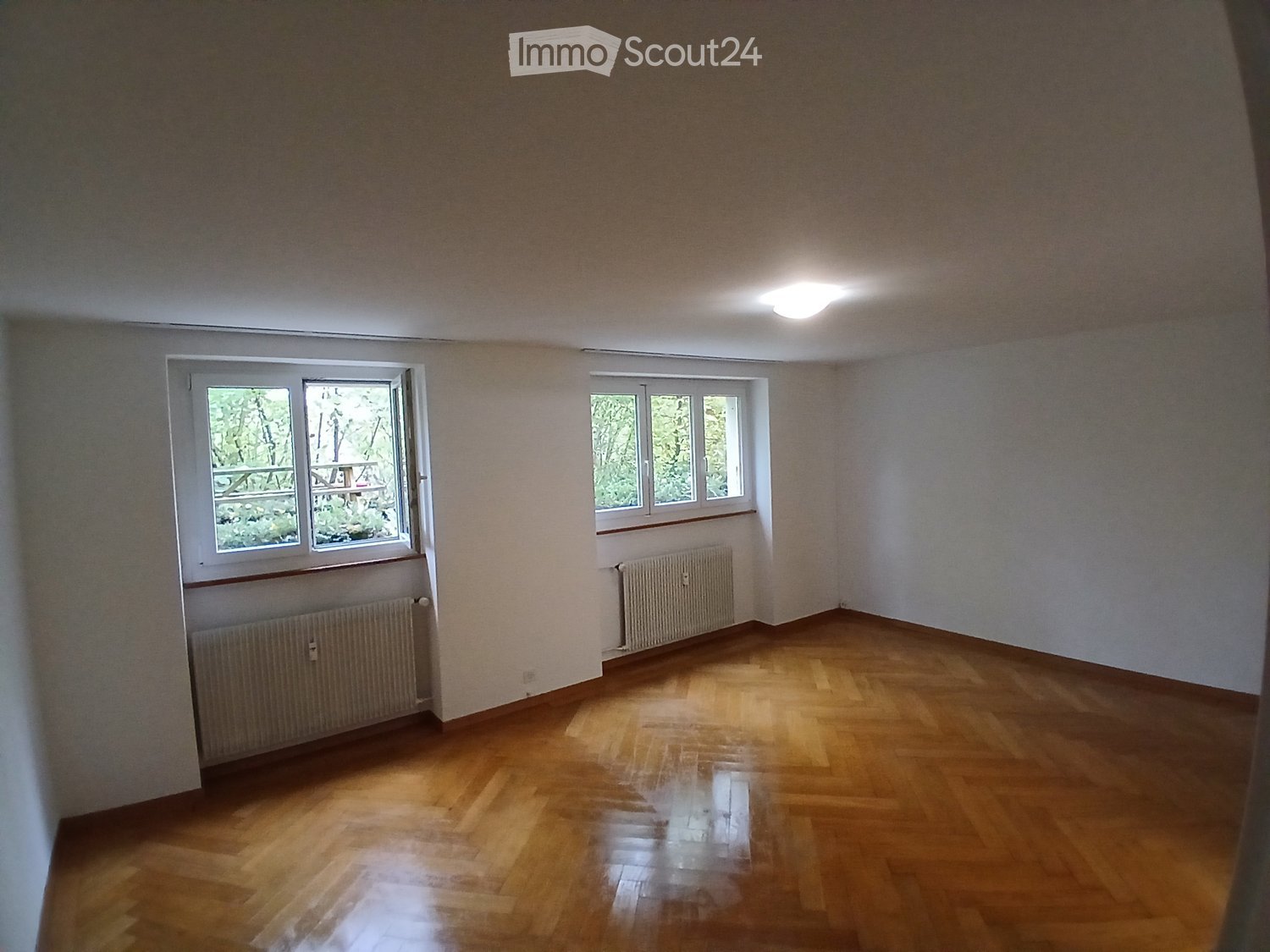 Empty room with wooden flooring, white walls, and two windows with radiators beneath them.