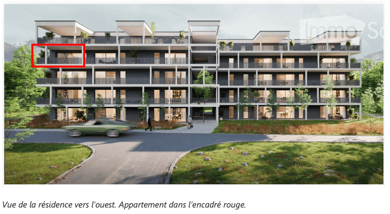 Modern multi-story residential building with balconies and large windows, surrounded by greenery and a paved driveway.