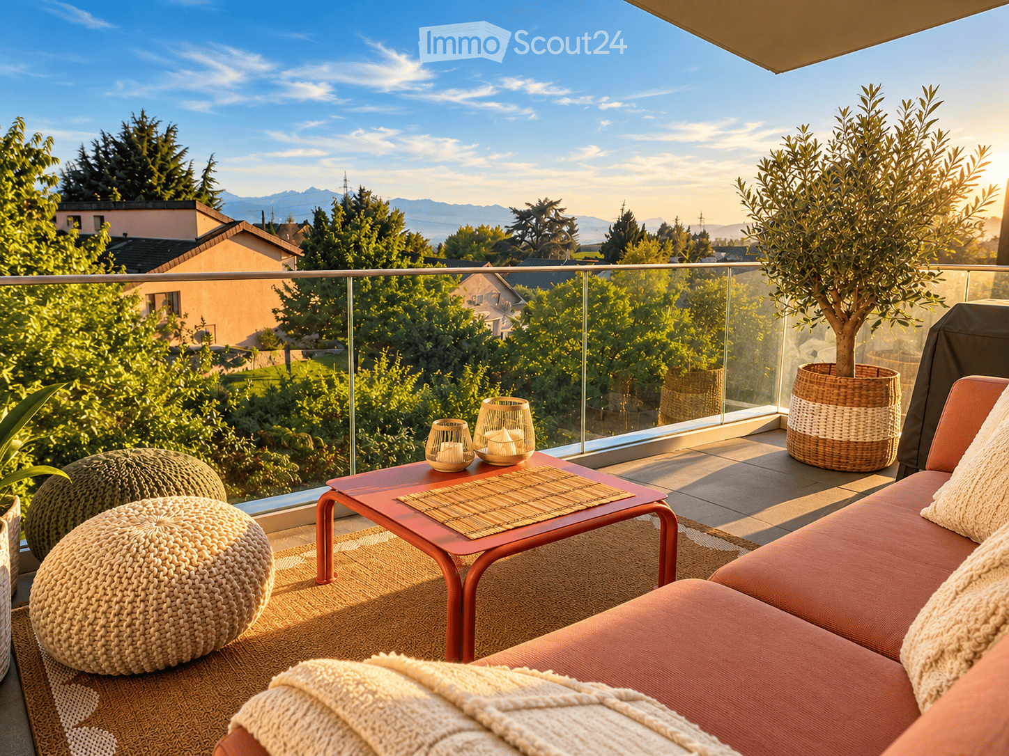 Balcony with a view of the landscape, featuring a red sofa, a small table with candles, woven stools, and a potted tree.