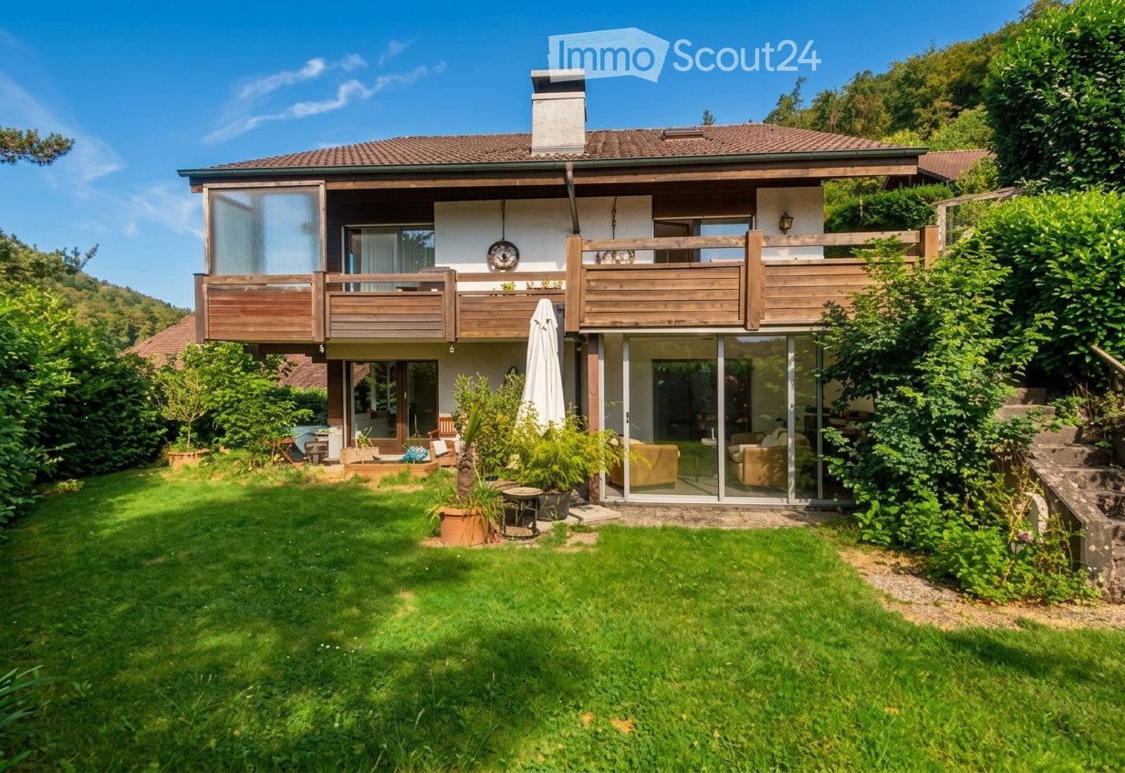 Two-story house with a tiled roof, wooden balconies, large windows, and a well-maintained garden with patio furniture.