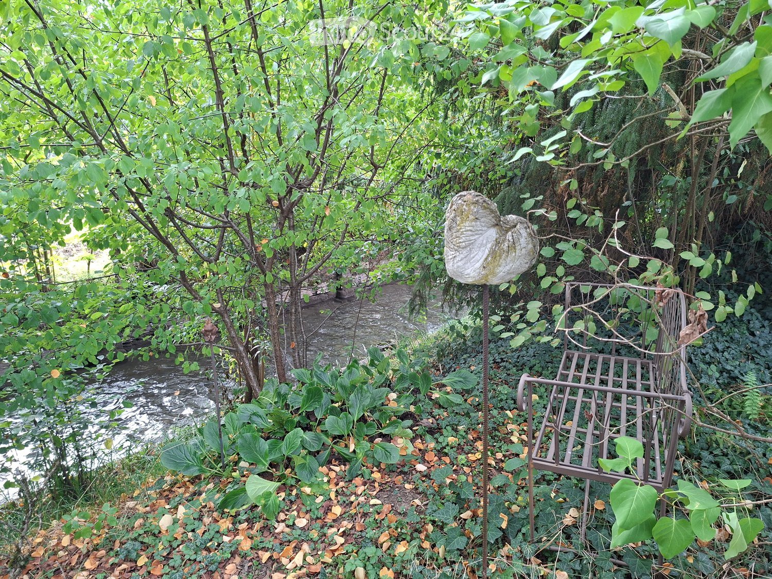 A lush garden area with a small stream running through it, surrounded by dense greenery, trees, and a metal bench partially covered in foliage.