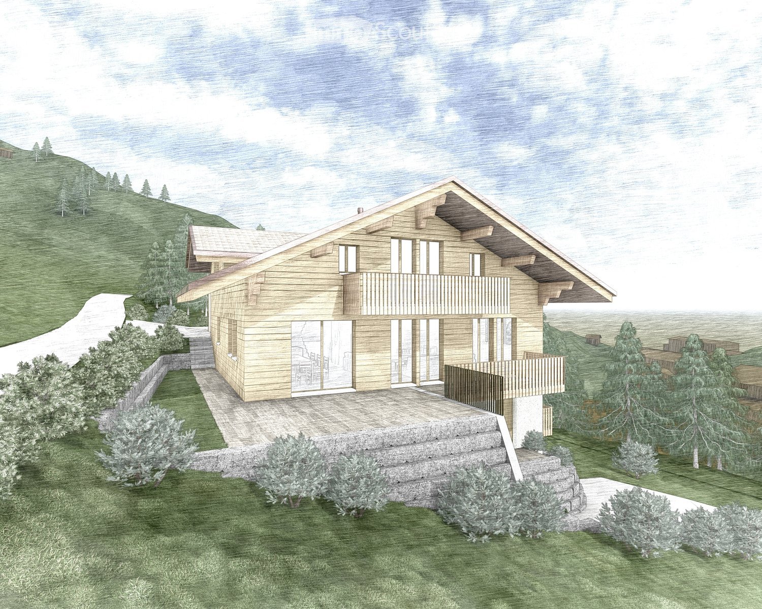 Two-story wooden house with a large balcony and a raised ground floor, surrounded by greenery and a stone pathway.