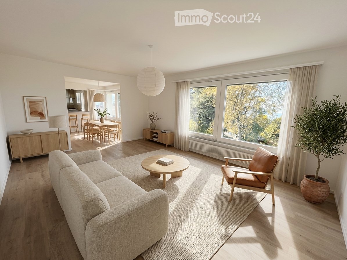 Bright living room with large windows offering a view of trees, featuring a light-colored sofa, coffee table, armchair, dining area with table and chairs, and decorative elements like a potted plant and artwork.