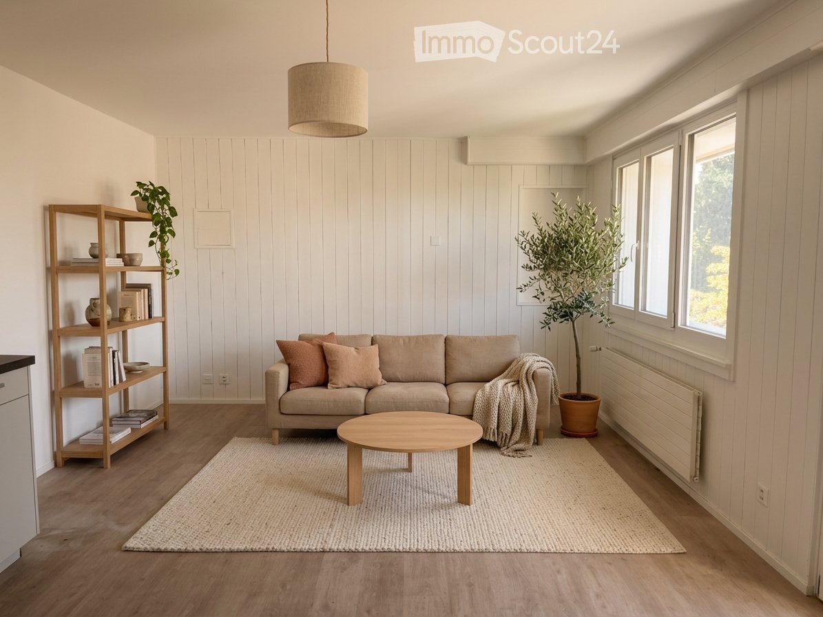 Modern living room with light wood flooring, white paneled walls, a beige sofa with throw pillows, a round wooden coffee table, a woven shelf with books and decorative items, and a large potted plant near the window.