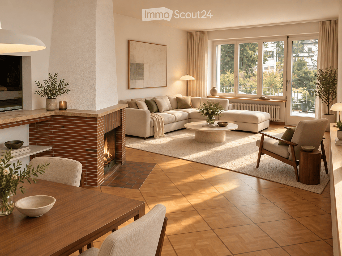 Modern living room with a fireplace, large windows, a sectional sofa, coffee table, armchair, and decorative vases.