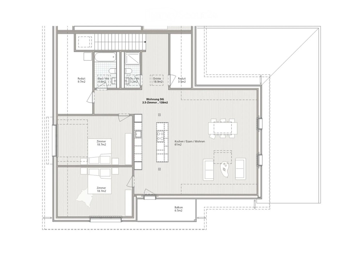 Floor plan of a 3.5-room apartment with 138m2 total area, including a kitchen/dining/living area, two bedrooms, two bathrooms, and a balcony.