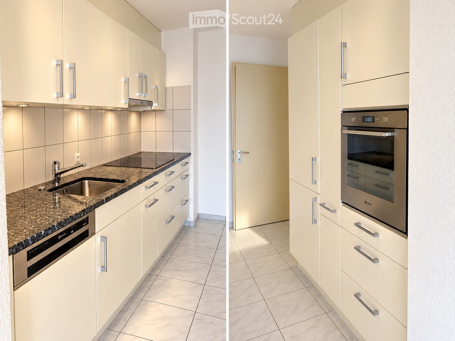 Modern kitchen with light-colored cabinets, granite countertop, stainless steel sink and oven, and tiled floor.