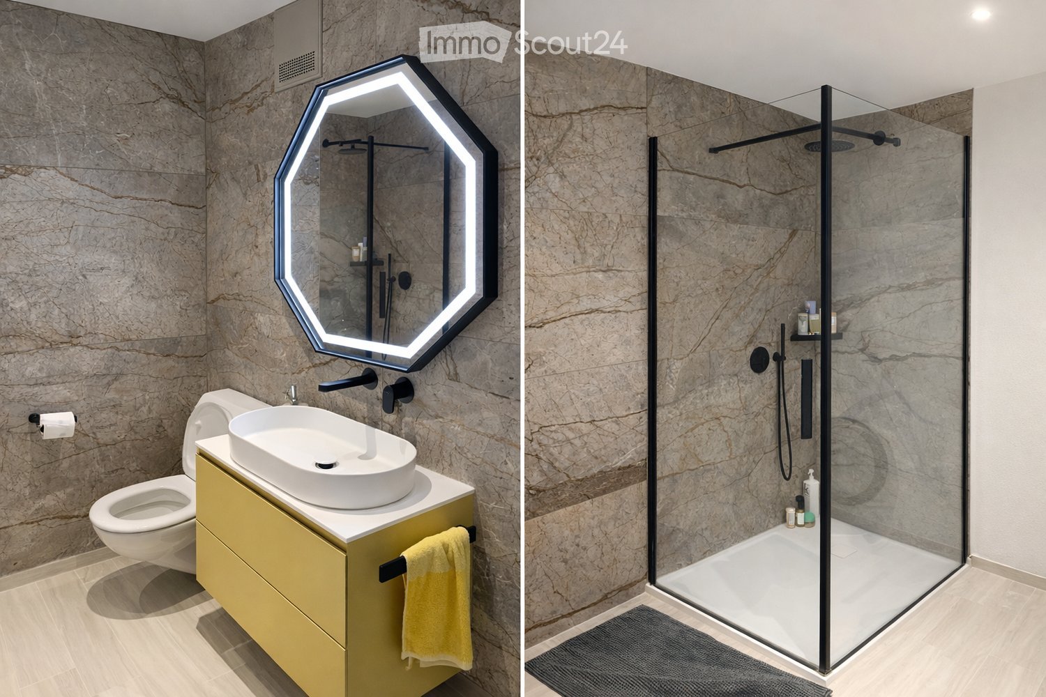 Modern bathroom with marble walls, a sleek sink, toilet, and a glass-enclosed shower. Features a geometric, illuminated mirror and a yellow vanity with a towel.