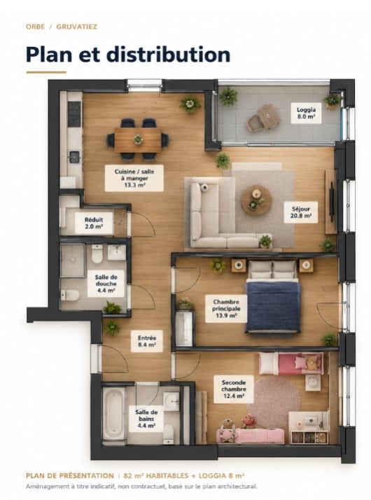 Floor plan of a 82 m² apartment with a loggia, featuring a living/dining area, kitchen, two bedrooms, two bathrooms, and an entrance area.