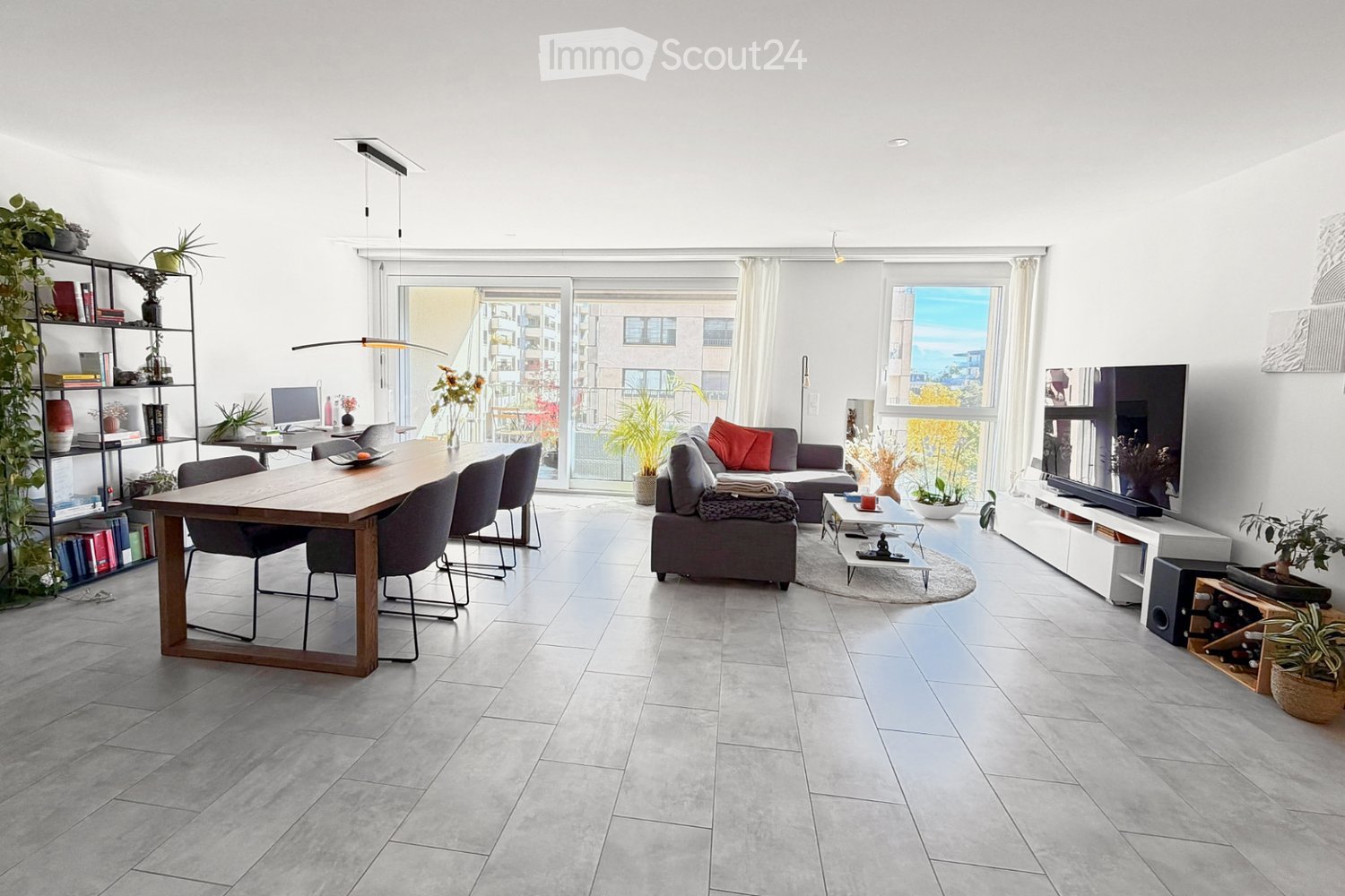 Modern open-plan living and dining area with grey sofa, coffee table, dining table, chairs, bookshelf, laptop, TV, and plants.