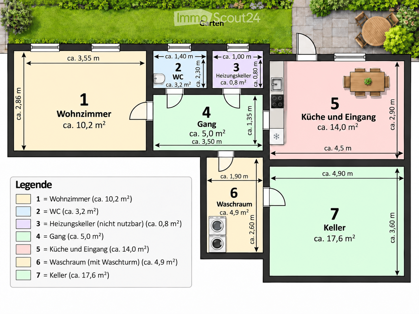 Floor plan of a house with a living room, kitchen, entrance, WC, heating room, hallway, laundry room, and basement.