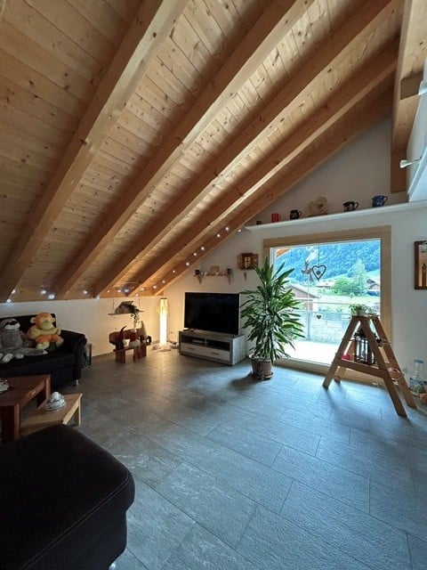 Bright living room with exposed wooden beams, large window offering a scenic view, modern furniture including a sofa, coffee table, TV, and decorative plant.