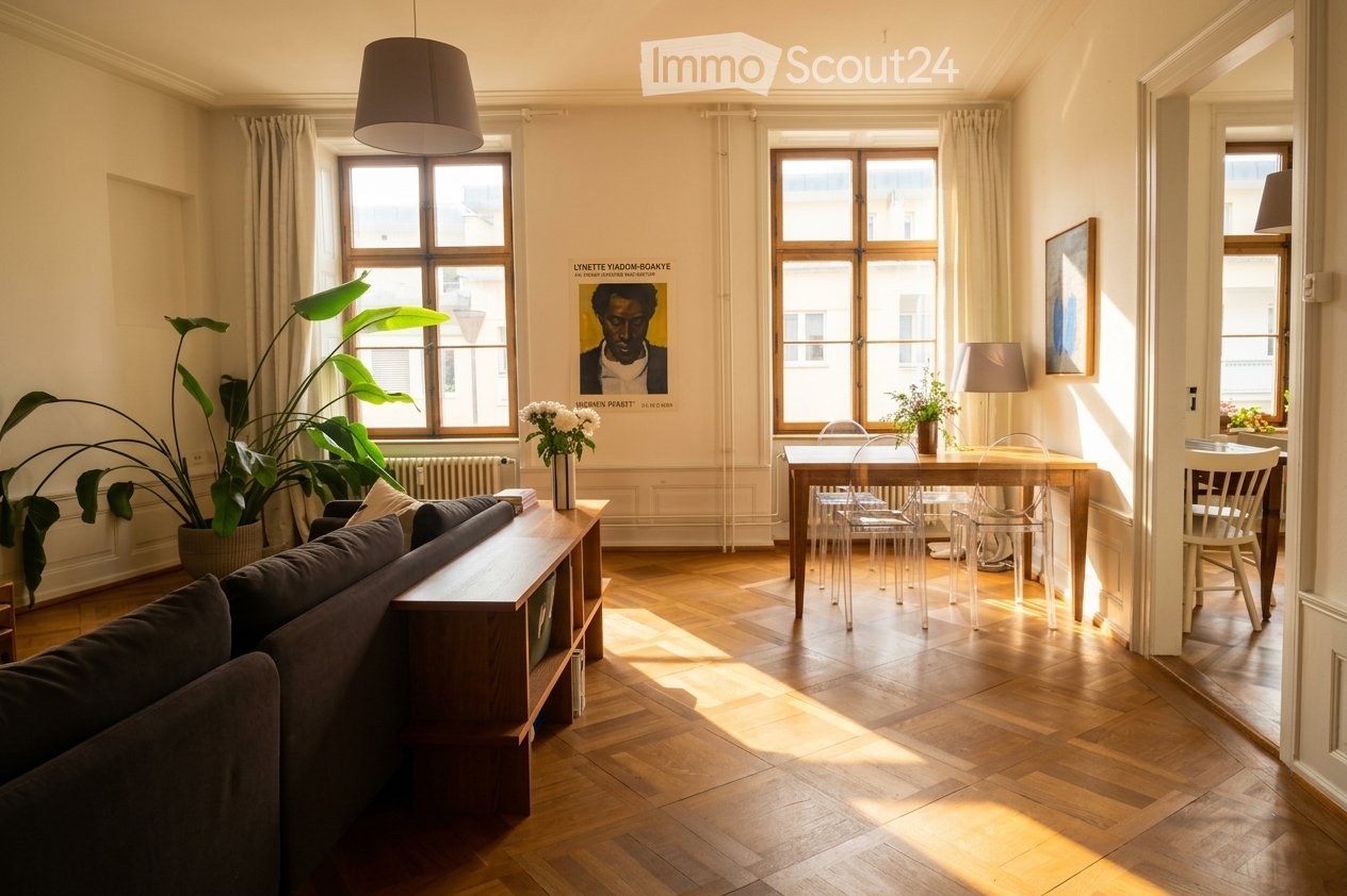 Bright living and dining area with wooden flooring, large windows, a sofa, coffee table, dining table with chairs, pendant light, table lamp, and decorative plants.