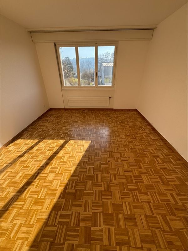 empty room, wooden floor, white walls, large window with trees view