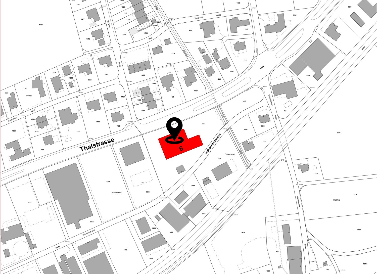 Floor plan map with labeled buildings and roads.