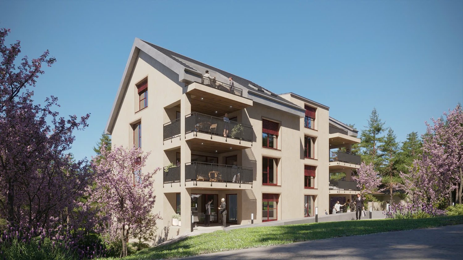 multi-storey building, balconies on each floor, modern design, greenery surrounding