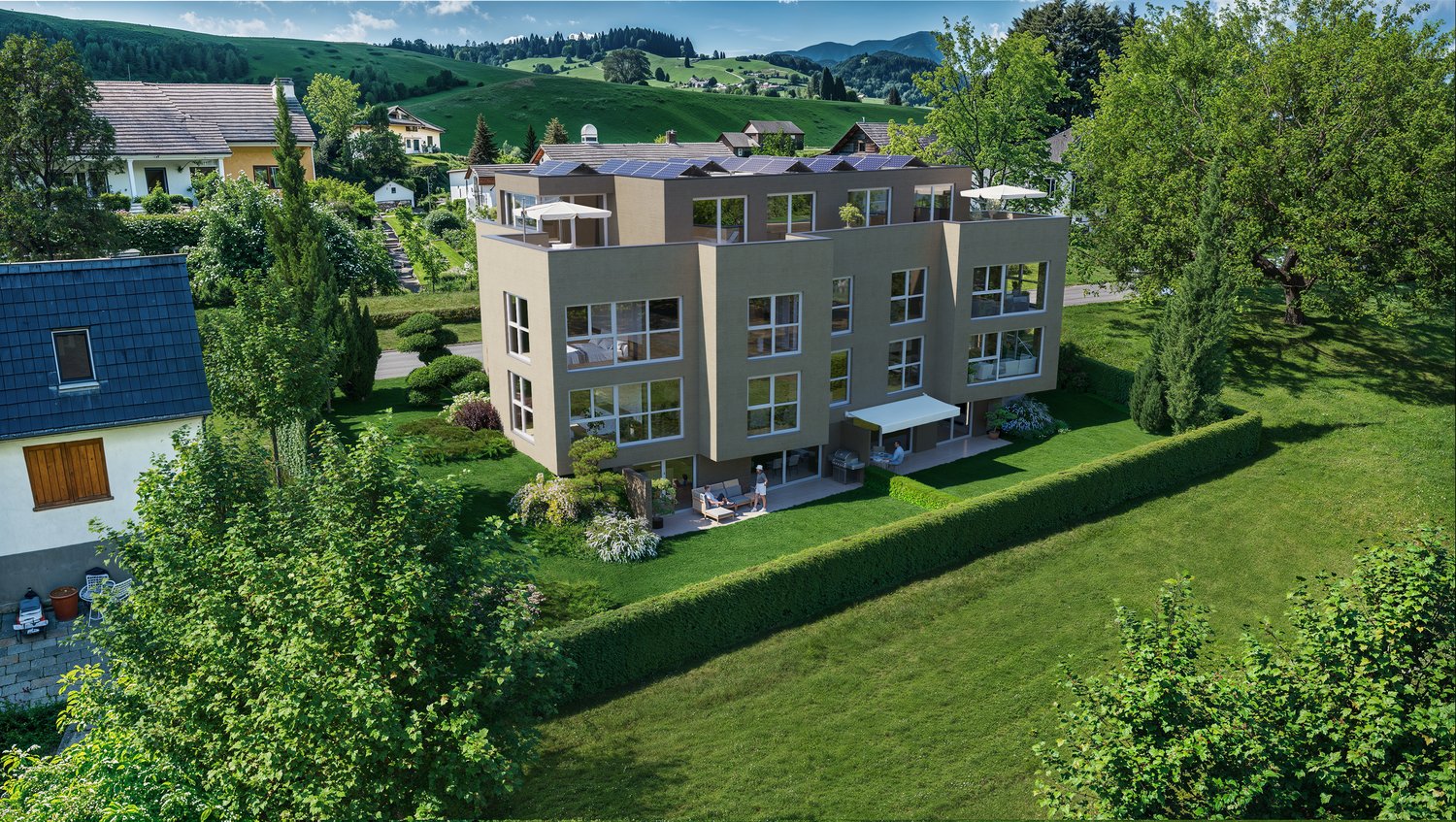 2 story building, solar panels, balcony, lush garden, green hill view