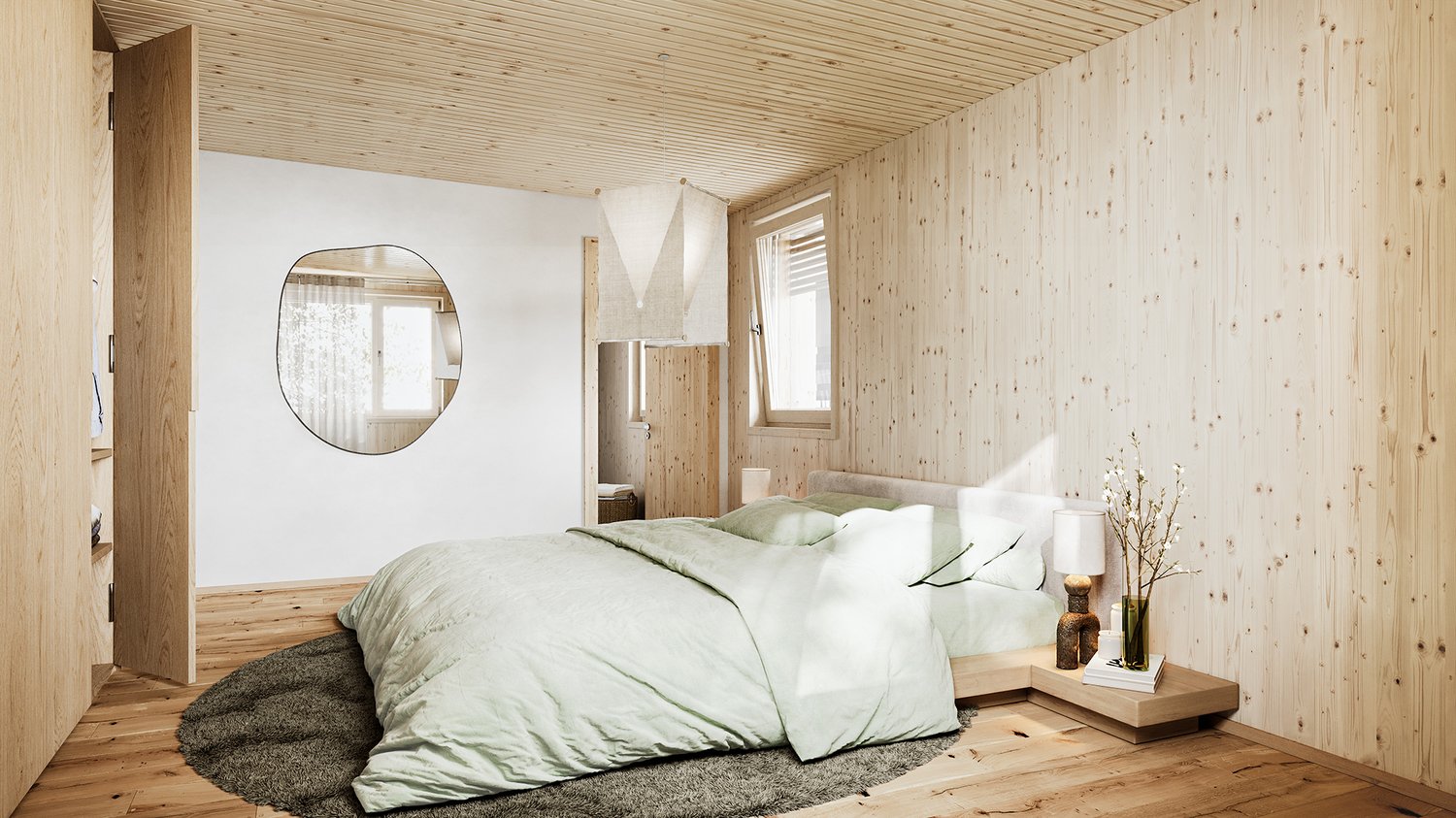 Wood paneling, queen bed, rug, bedside table, lamp, large mirror