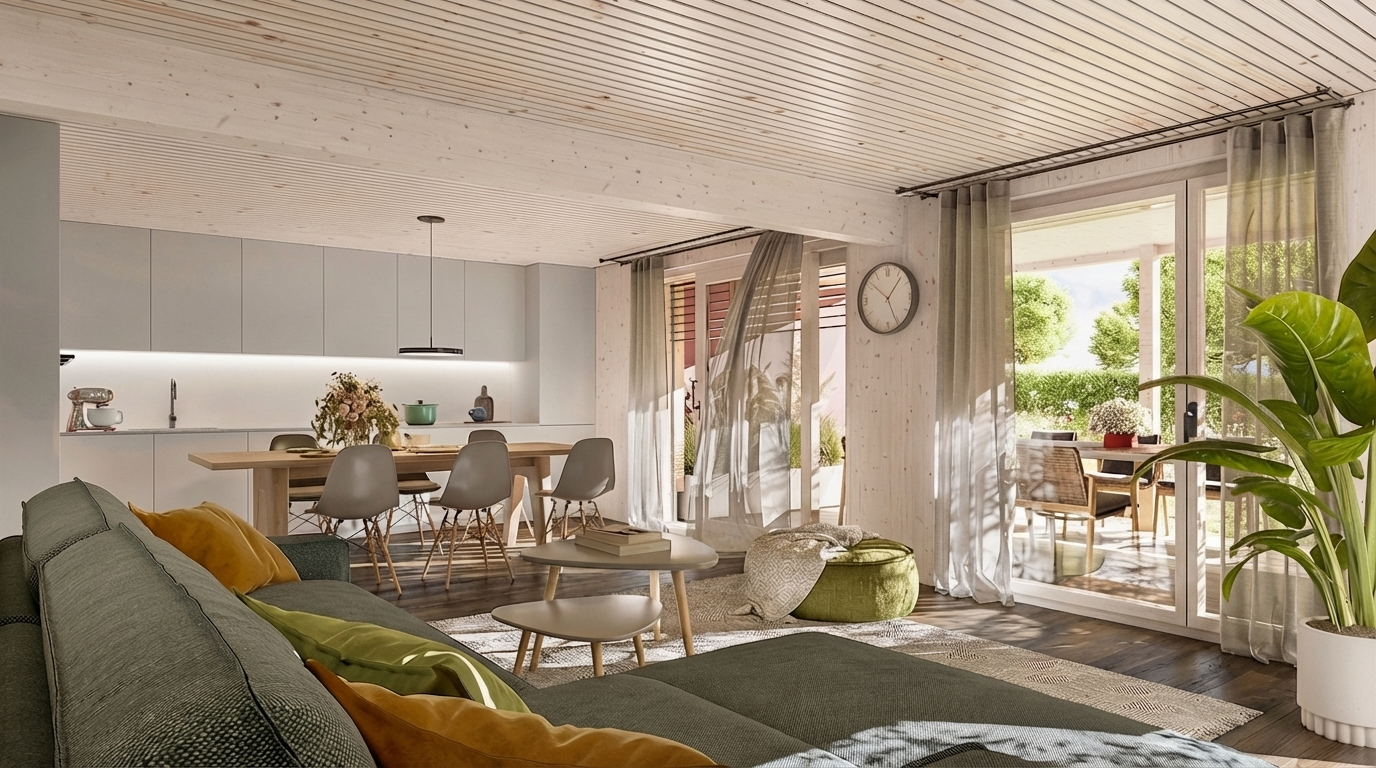 Open plan living room and dining area, wooden floor, large windows, sliding doors to balcony, modern furniture, kitchen appliances