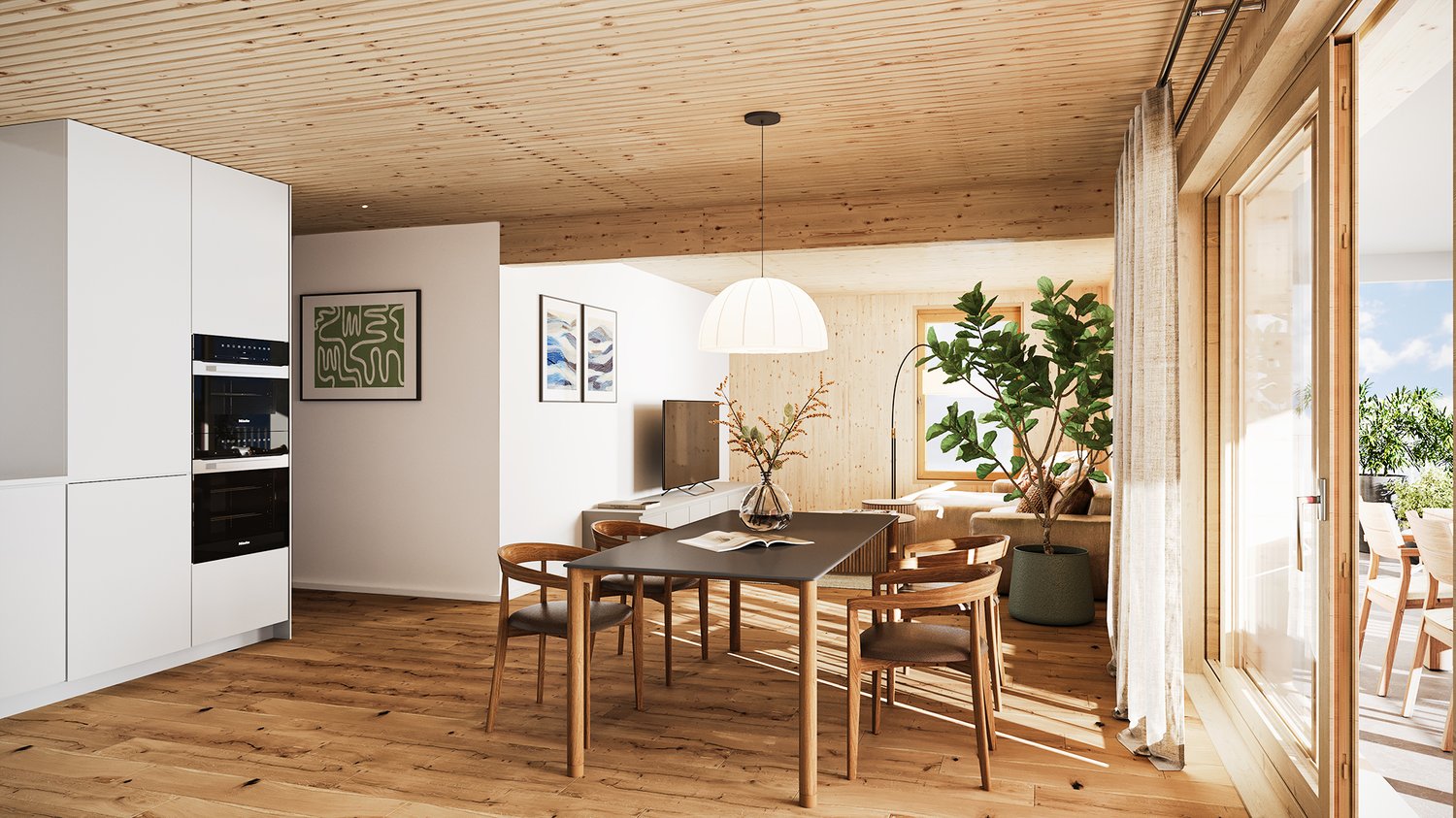 Dinning room with wooden flooring, table, chairs, couch, TV, and plants.