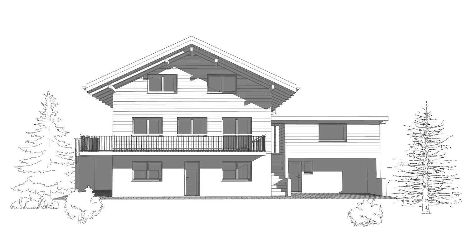 Two story house, flat roof, balcony, garage, stairs, glass windows, entrance