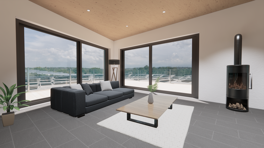 Spacious living room with large windows offering a scenic view, a modern black sofa, a wooden coffee table, and a fireplace. The room has a minimalist and contemporary design with gray tile flooring.