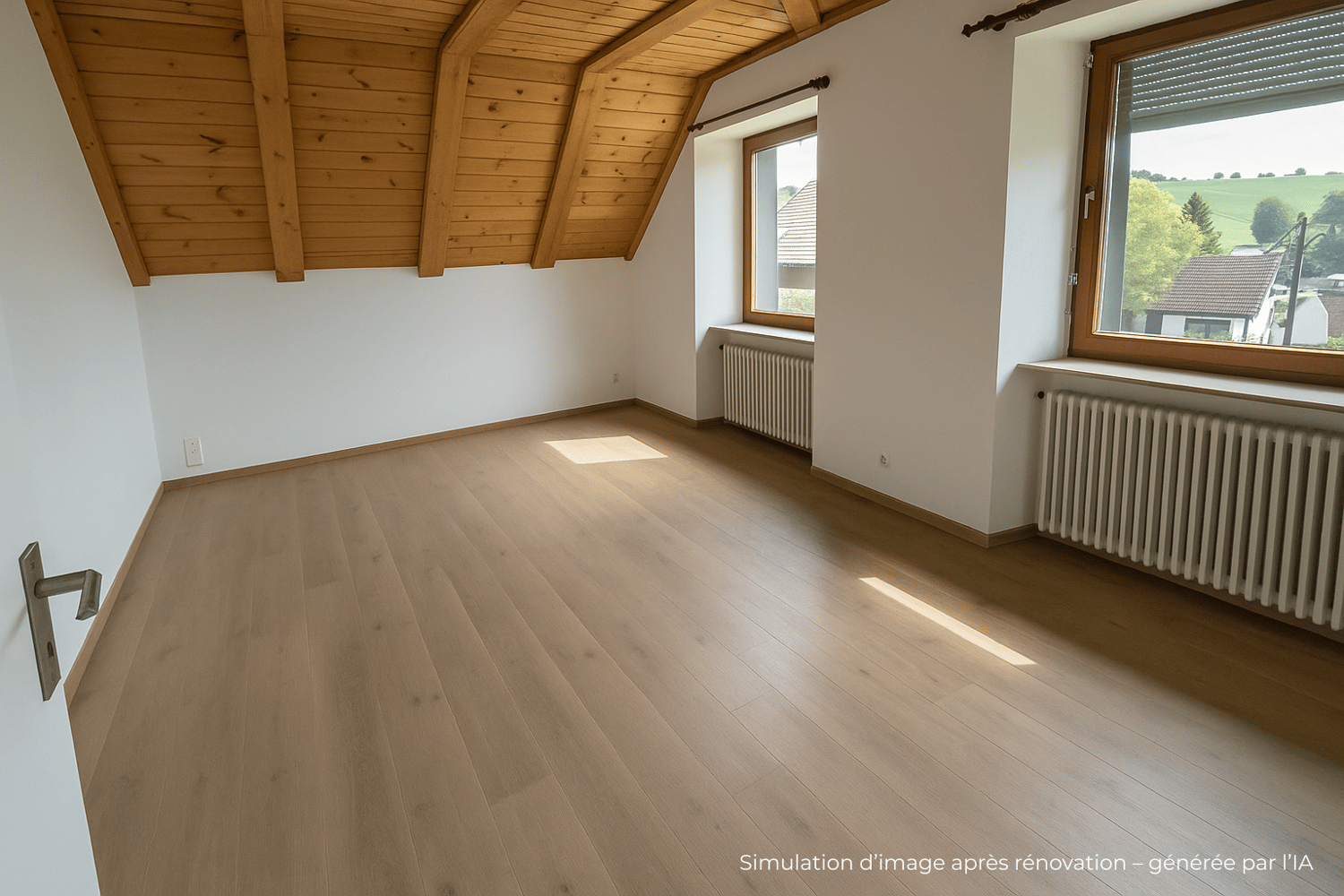 Empty room, wooden floor, white walls, wooden ceiling, two windows, two radiators