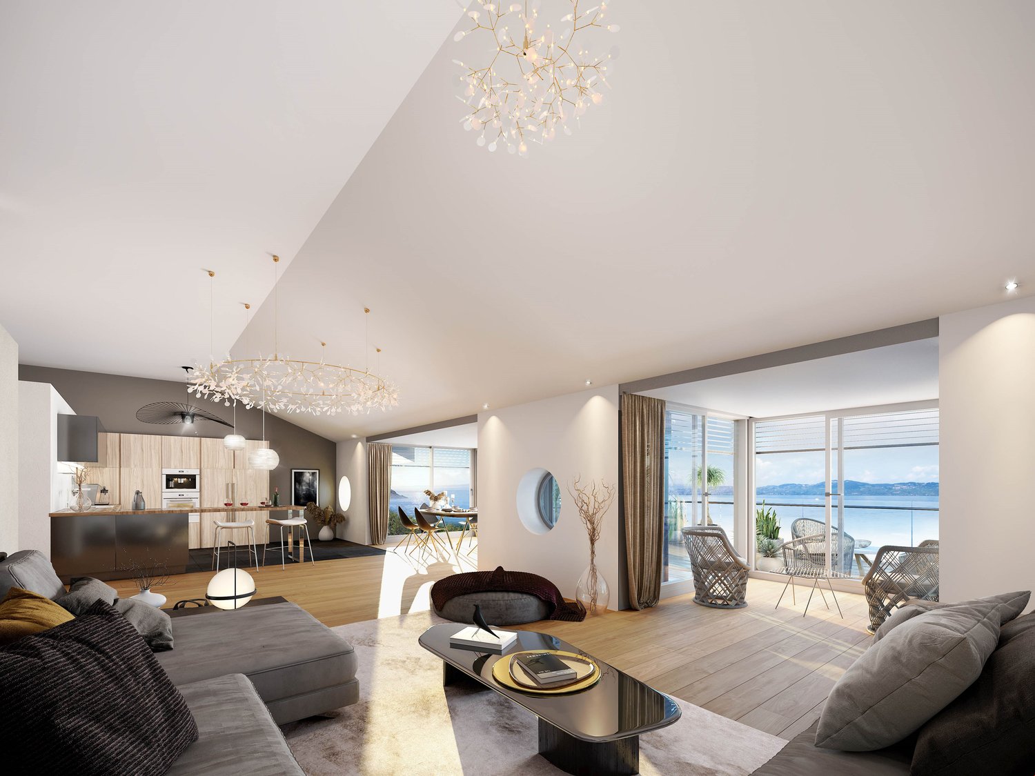 Spacious open-concept living area with large windows offering a scenic view, modern kitchen with wooden cabinetry, dining area, plush sofas, and a decorative chandelier overhead.