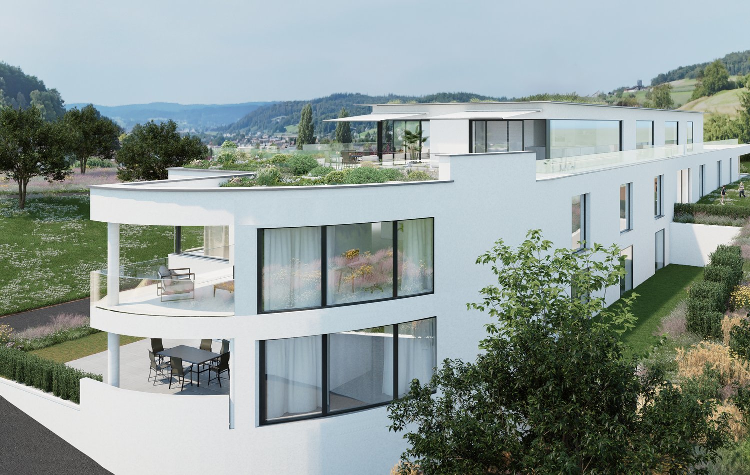 Modern architecture white house, glass windows, terrace, green roof, garden, table and chairs