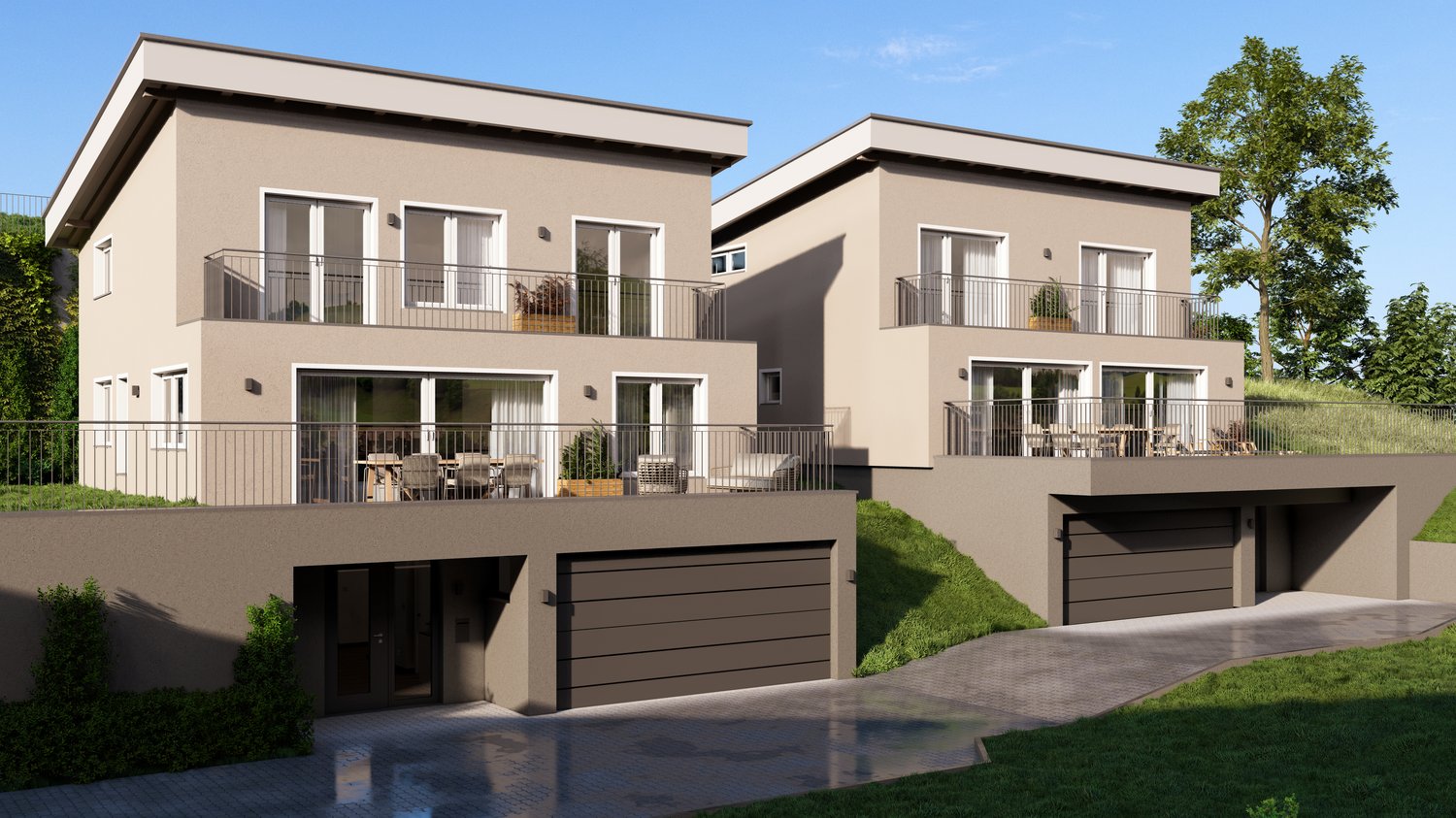 Two-story apartment building with beige exterior, multiple balconies, and garages on the ground level.