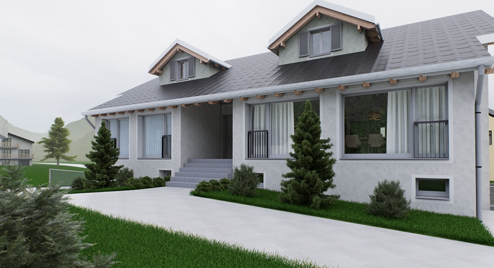 House: gray roof, glass windows, paved driveway, shrubs, front porch
