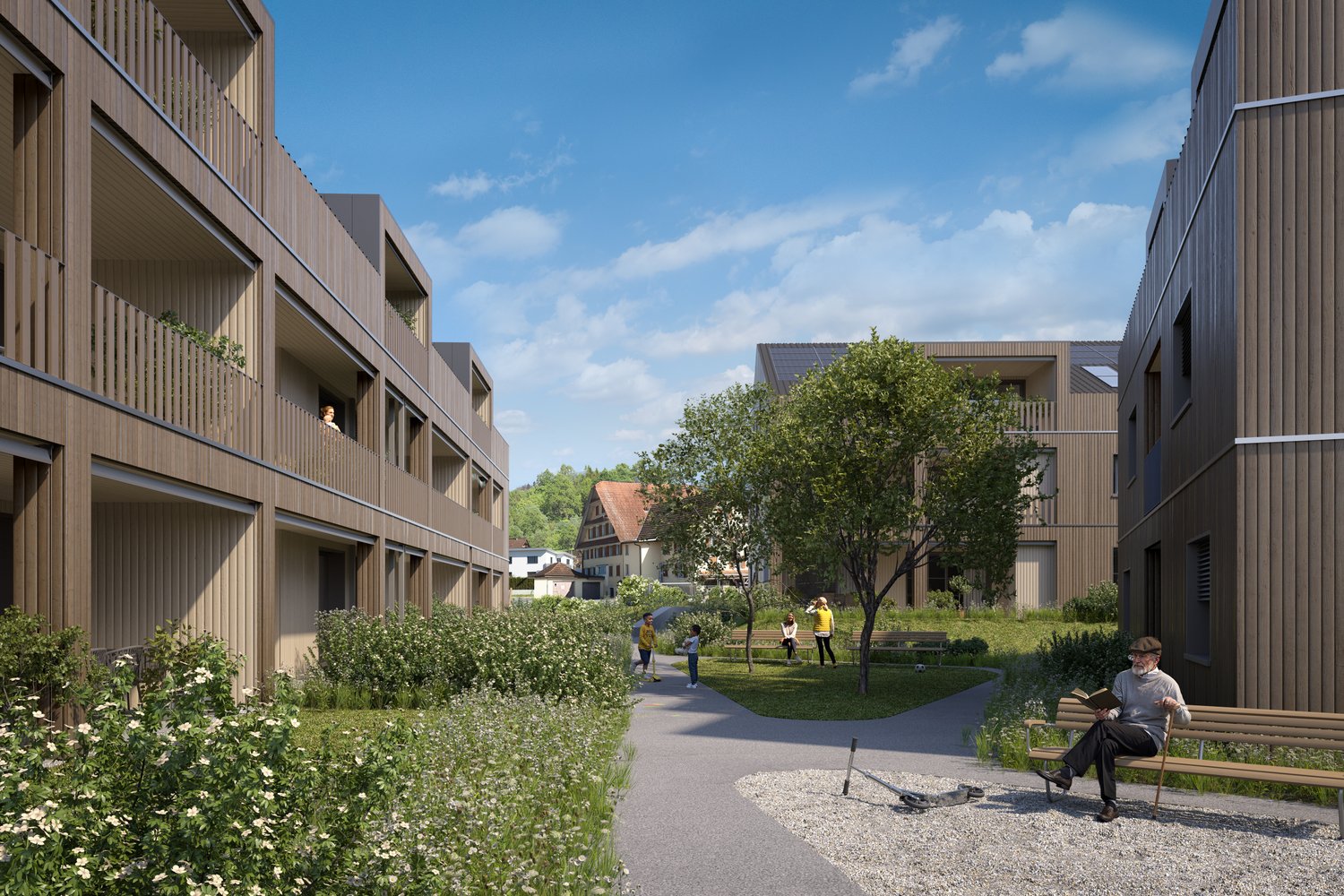 Multiple wooden buildings, balconies, green spaces, pathways, bench, garden