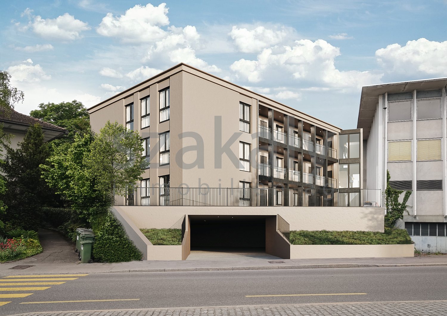 4-story apartment building with a garage entrance on the ground floor, balconies, and a modern, beige exterior design.