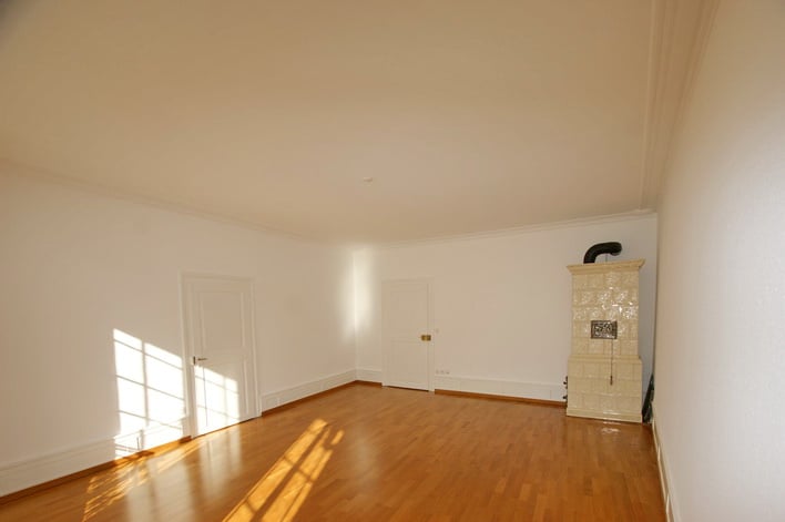 white painted walls, wooden floors, fireplace, and two white doors