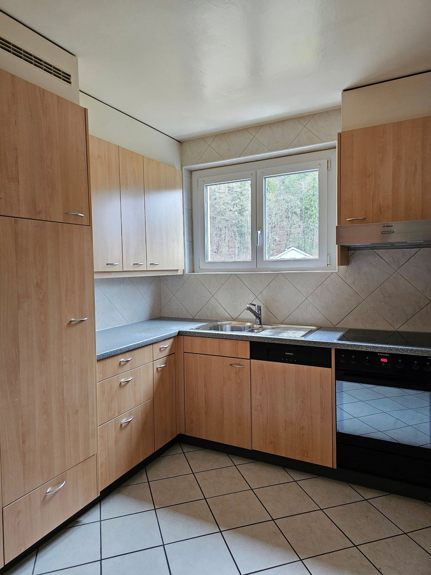 Modern kitchen with wooden cabinets, granite countertop, Bosch appliances, double sink, dishwasher, oven, and view through window