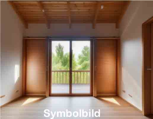 wooden ceiling, wooden floors, glass sliding doors to balcony, large windows, bright space