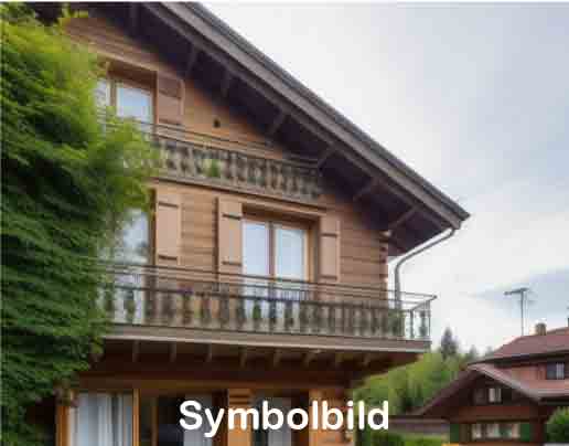 Detached house, two stories, balcony, brown wooden exterior, green plants on the front, gutters on the roof