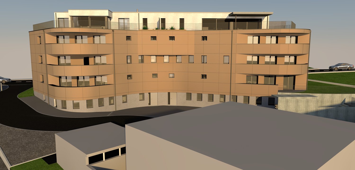 Multi-story apartment building with a curved facade, beige exterior, and numerous windows. The building appears to have a parking area in front of it.