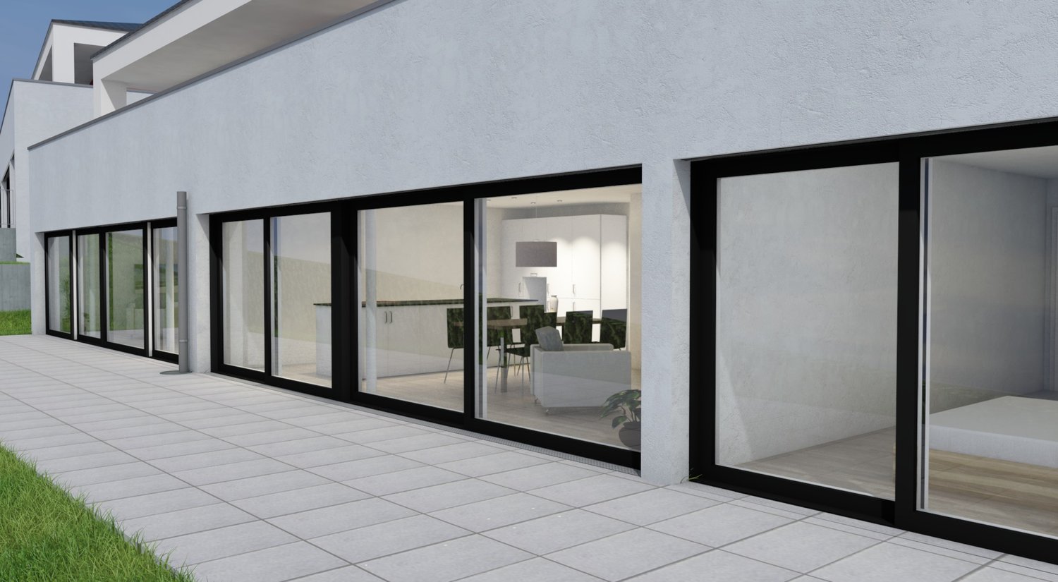 white wall, large sliding glass windows, tiled patio, view of outdoor dining area, green lawn