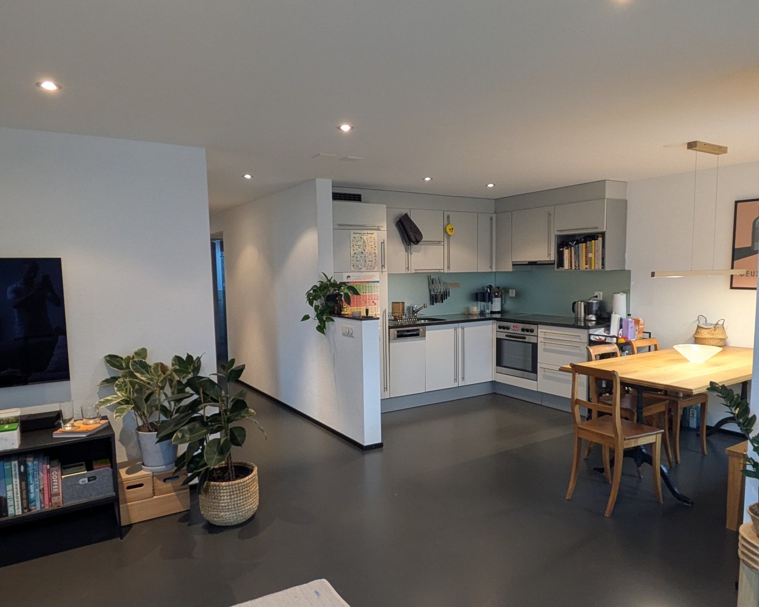 A modern, open-plan living and dining area with integrated kitchen, plants, TV on a shelf, a round wooden dining table, and white kitchen cabinets.