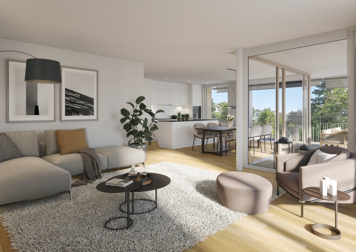 modern living room with sectional sofa, coffee tables, rug, armchair, floor lamp, plants, kitchen, balcony, and dinning table