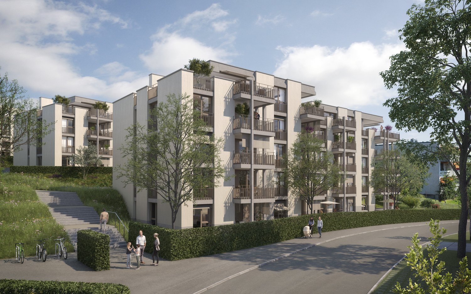 modern apartment building, multiple floors, balconies, steps to entrance, trees, greenery