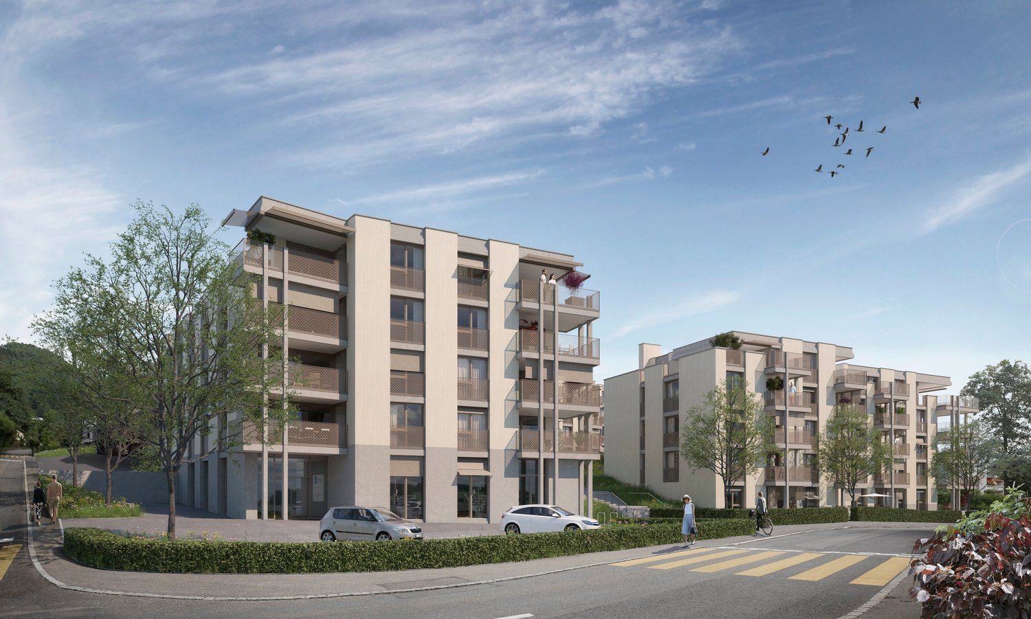 Multi-story residential building with balconies, modern architecture, surrounded by greenery