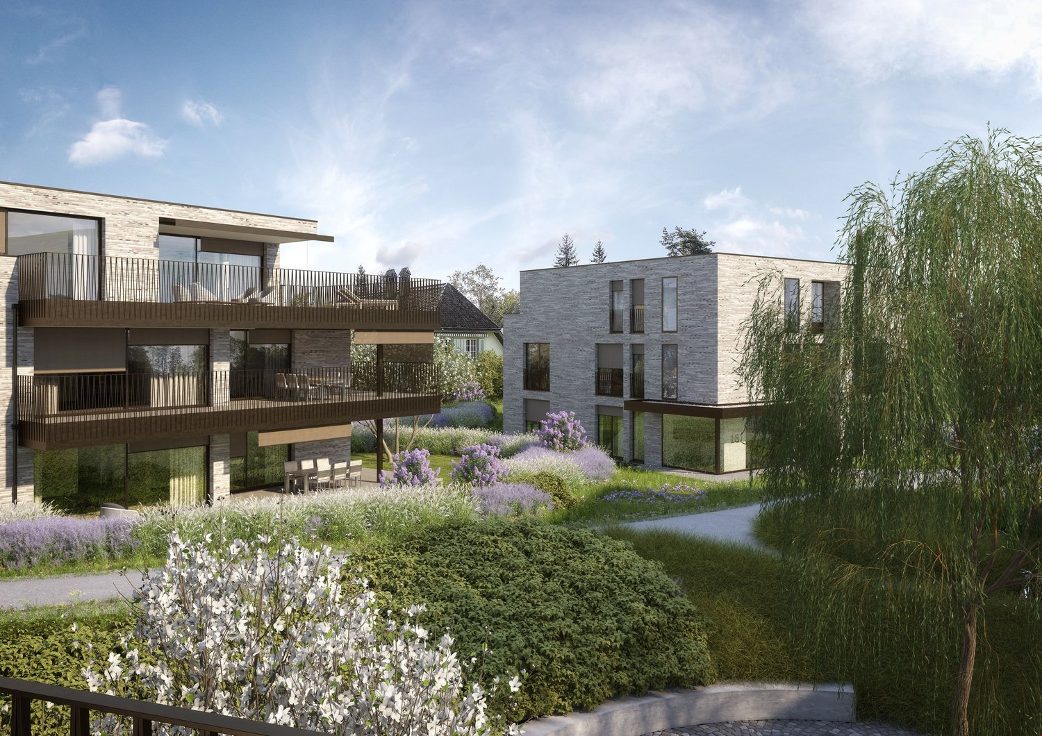 Modern architectural design, two-story building, brick and glass facade, multiple balconies, landscaped garden, pathway, trees, and shrubs