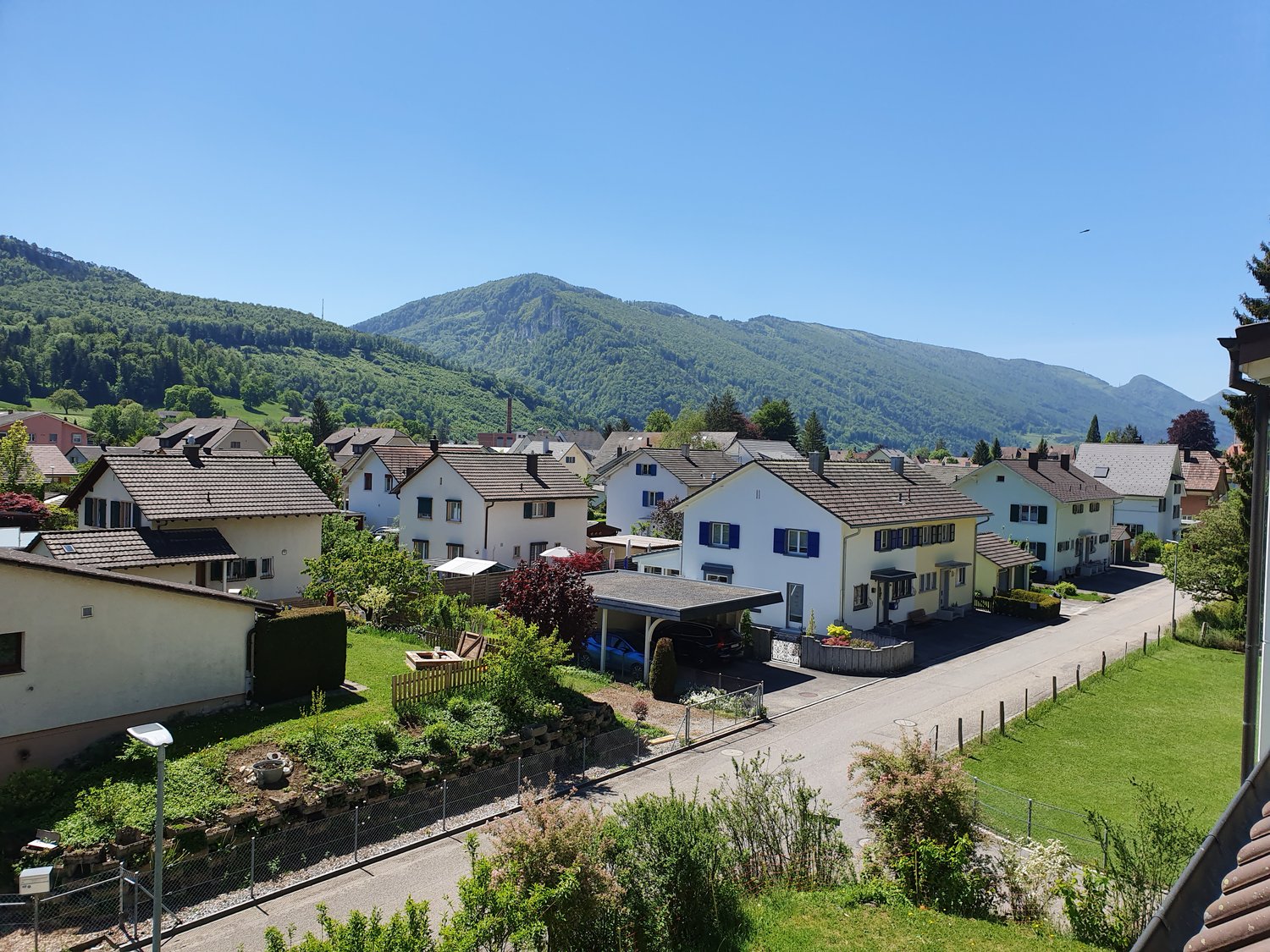 detached houses, residential neighborhood, detached garages, trees, mountainous background