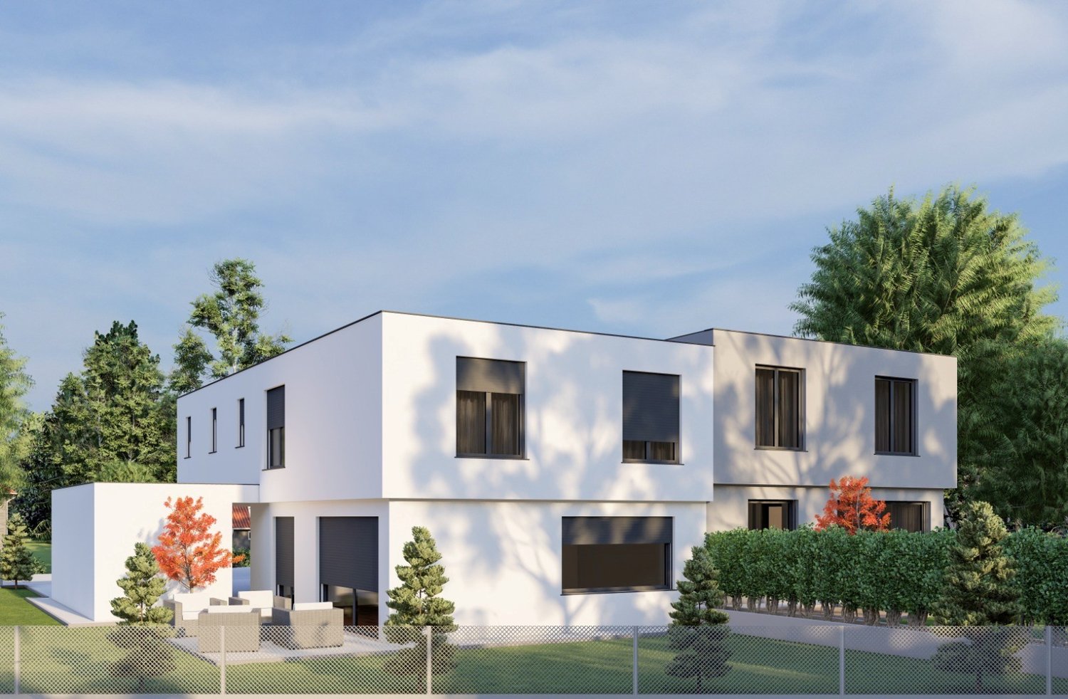 modern style 2-story house with white exterior, double garage, and garden area