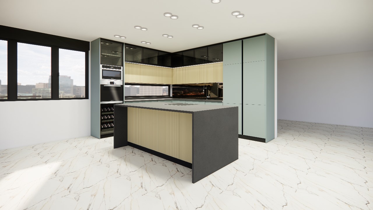 Modern kitchen with black and gray cabinets, a large island with a marble-like countertop, built-in appliances including a dishwasher, and large windows providing a view of the city skyline.